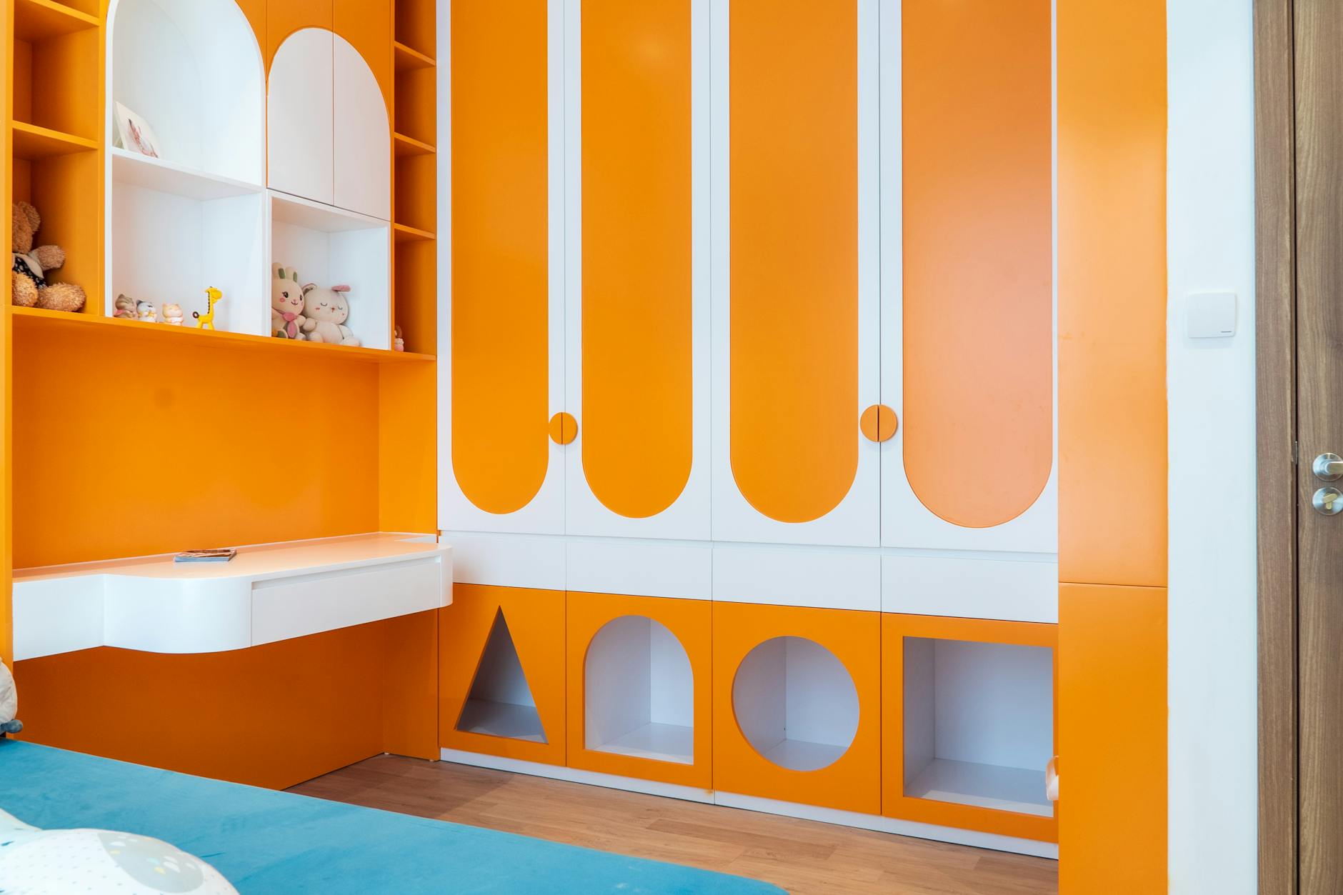 Organized children's room with colorful storage solutions